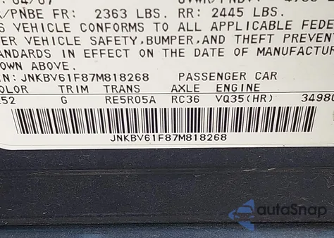 2007 Infiniti G35X из США, поврежденный, VIN JNKBV61F87M818268